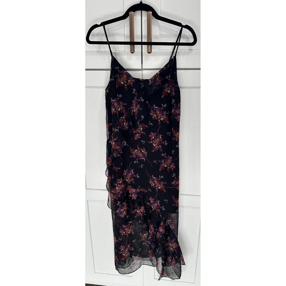 1 State Black Floral Ruffle Midi Slip Dress Women's Size M